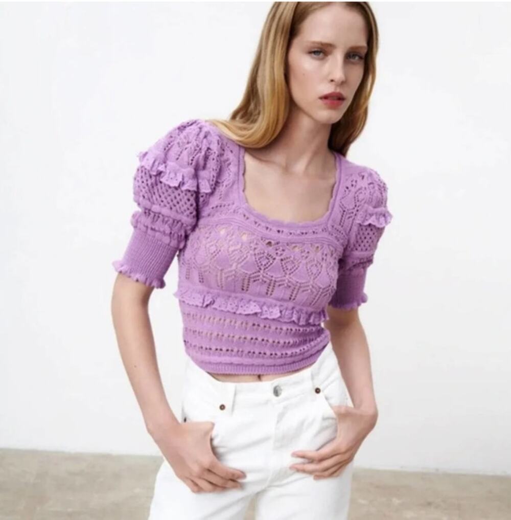 Zara Purple Cotton Knit Pointelle Eyelet Ruffle Puff Sleeve Cropped Top Size M
